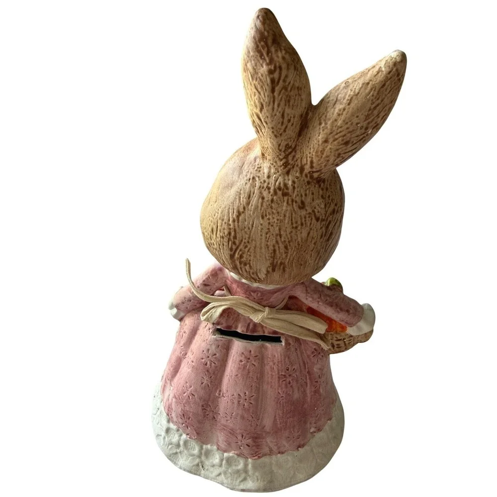 Made in Japan 1960s Easter Bunny‎ Ceramic Bank Pink Dress Figurine w/Stopper